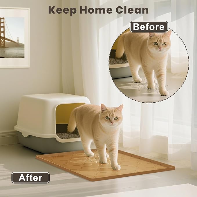 Cat Litter Mat, 28" X 22" Silicone Litter Box Mat, Cat Litter Trapping Mat for Indoor Use, Easy Clean for Scatter Control, Soft on Kitty Paws, Waterproof & Urine Proof, Brown
