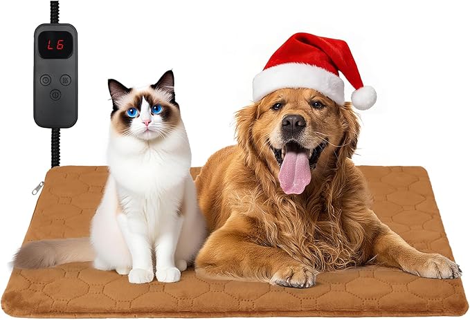 Cat Heating Pad, 6 Adjustable Temperature & 5 Timer Options, 15.7'' x 27.5'' Pet Heating Pad for Cats Dogs, Waterproof Indoor Outdoor Electric Heated Cat Bed Dog Mat with Chew-Resistant Cord (Brown)