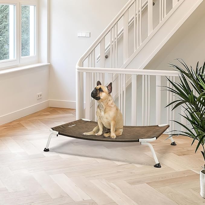 Veehoo Elevated Dog Bed for Outdoor, Cooling Waterproof Raised Dog Cots Beds for Medium Dogs, Curved Off Ground Pet Hammock Cot Lifted for Outside, up to 65lbs, White Legs, Brown 32"