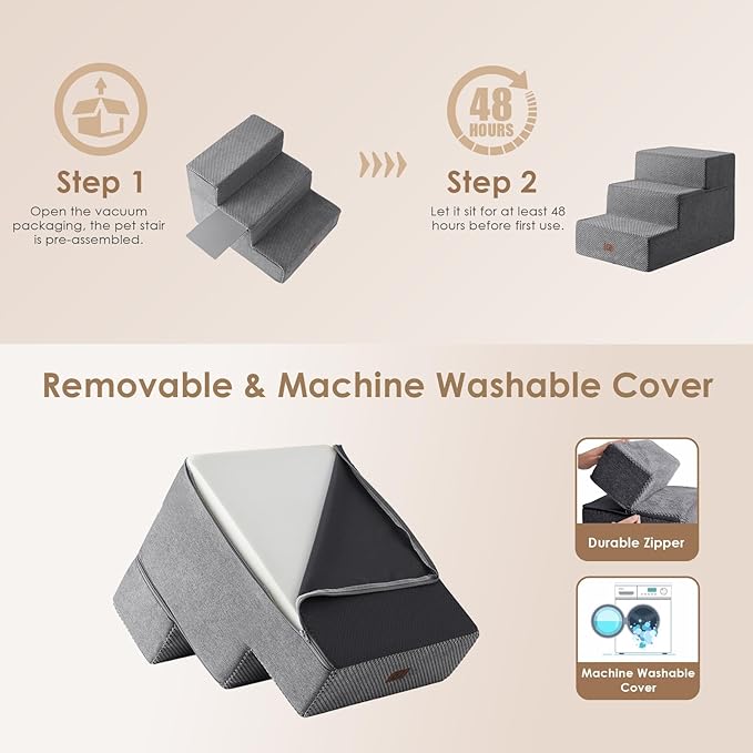 EHEYCIGA Dog Stairs for Small Dogs 16.5" H, 3-Step Extra Wide Dog Steps for Couch Sofa and Chair, Pet Steps for Medium Cats, Non-Slip Balanced Pet Ramp Indoor, Grey