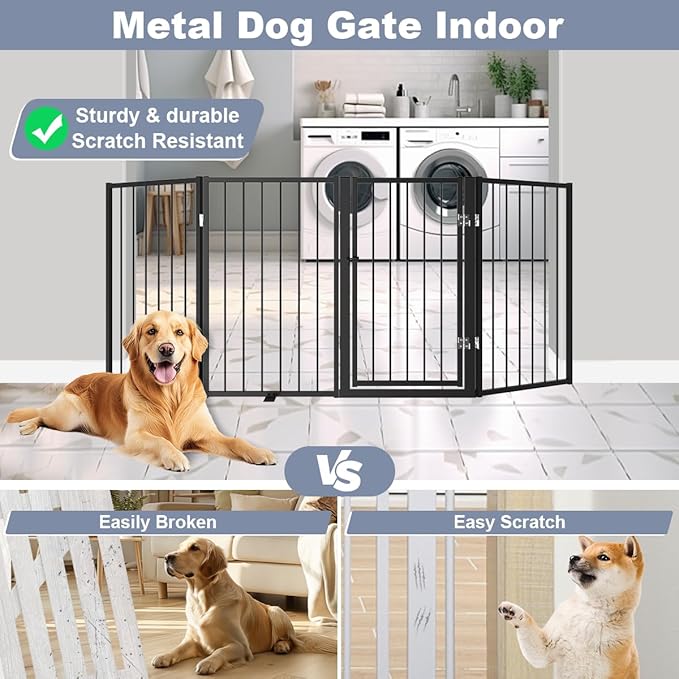Free Standing Dog Gate with Door,80'' Extra Wide 32'' Tall Metal Dog Gates for Doorways, Foldable Pet Gate Fence Indoor & Outdoor for Stairs,Hallways,Decks,Porch,Yard (4 Panels,Black)