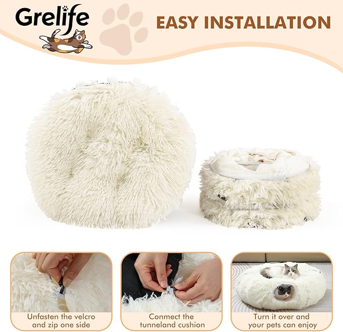 Grelife Cat Tunnel Bed for Indoor Cats, Large Cat Tunnel Christmas Tree Skirt, Cat Donut Tunnel Toys with Soft Plush, for Cats, Kittens, Small Pets(33.52")