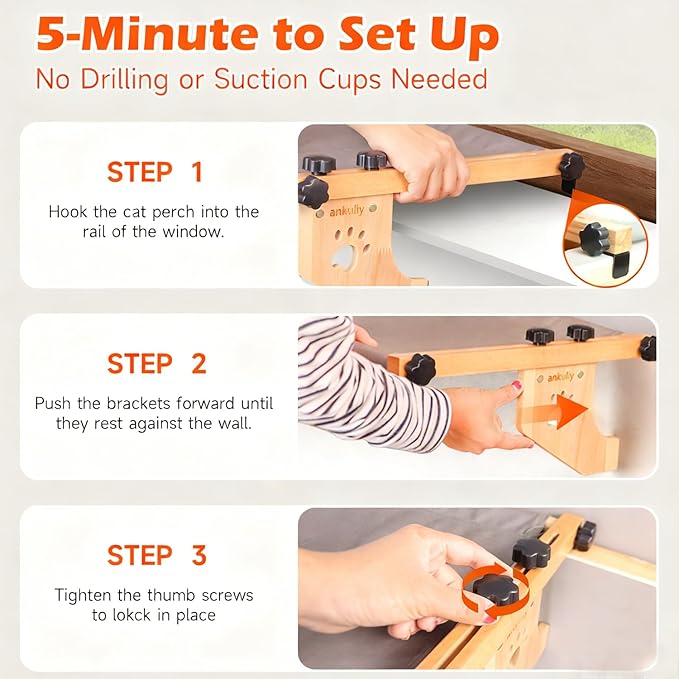 Cat Window Perch - Drill-Free Adjustable Sill Hammock, Sturdy Wood & Metal Frame, Washable Non-Slip Bed Cover, Easy Install for Indoor Cats & Multi-Cat Families (Grey,XL)