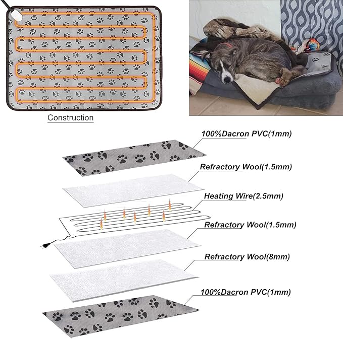 Pet Heating Pad for Large Dogs & Cats - 34"x21" Waterproof Heated Bed with Chew-Resistant Cord, Adjustable Temperature & Removable Washable Cover