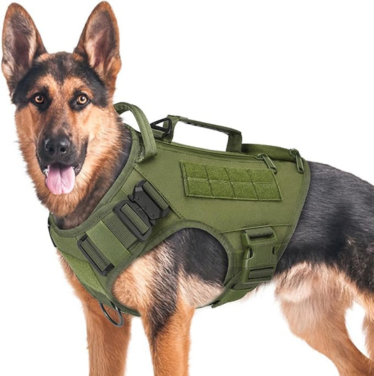 Tactical Dog Backpack Harness for Large Breed Original Design Metal Buckle Vest with Side Bags Pouches for Service Working Training (Green(Vest only), L)