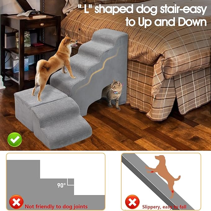A.FATI Dog Stairs for High Beds up to 30-36 Inch, 6 Tiers Dog Steps, Pet Stairs Adjust to Left Side of Bed, Non-Slip Dog Ramp for Small Dogs and Old Pets