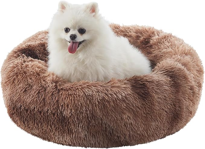 23 inches Donut Dog Bed for Small Dogs - Calming Washable Round Puppy Bed with Removable Cover, Fluffy Plush Pet Bed for Cats & Dogs, Fits up to 25 lbs Pets (Tie-dye Brown,Small)