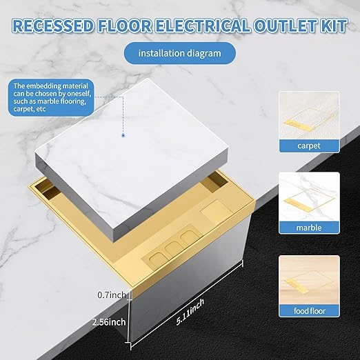 Vagueior Recessed Flat Hidden Floor Electrical Outlet Kit,Hidden Duplex 15A Tamper-Resistant Receptacle Outlet and 2.1A USB Port，Waterproof Electrical Outlet Covcer Box,Gold
