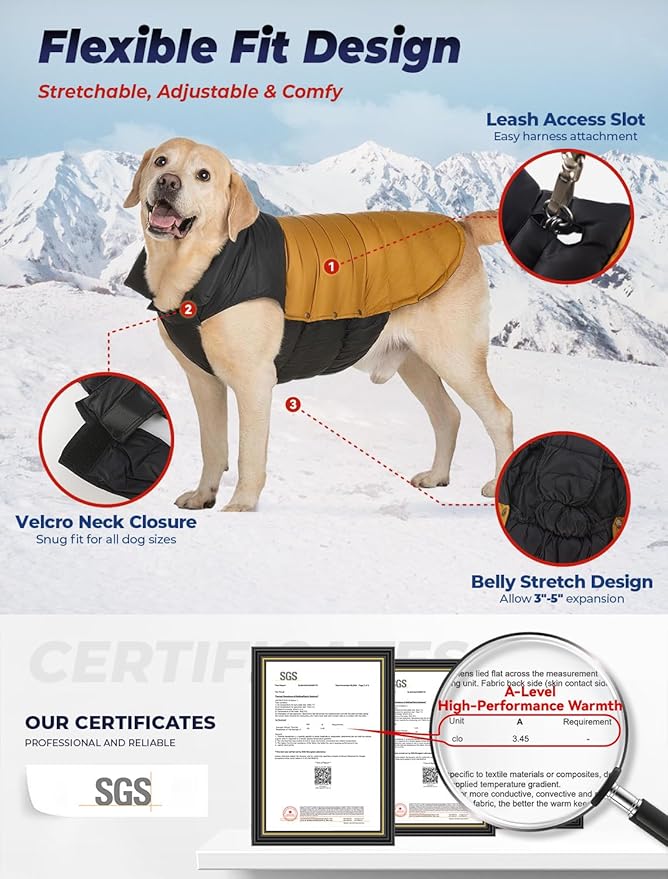 SPACE LION Dog Puffer Jacket, Down Winter Coat, Durable Outdoor Coat for Cold and Windy Conditions, Lightweight & Adjustable Fit Coats for Large Dogs,(BlackKhaki, Size22/XL+)