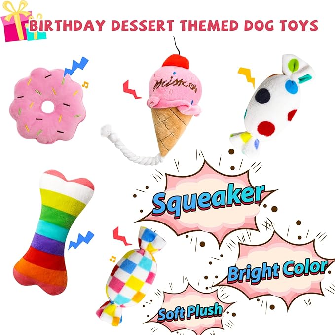 Dog Birthday Toys Girl, Squeaky Plush Birthday Cake Hat Bandana, Birthday Gifts for Small & Medium Dog, 9 Pack Pink