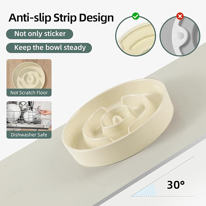 Ceramic 1.2 Cup Raised Slow Feeder Dog Bowl Set, Elevated Wooden Stand for Medium and Small Dog, 7.3inch Puzzle Slow Dish, Anti-Gulping(Beige, Single Bowl+ Stand)