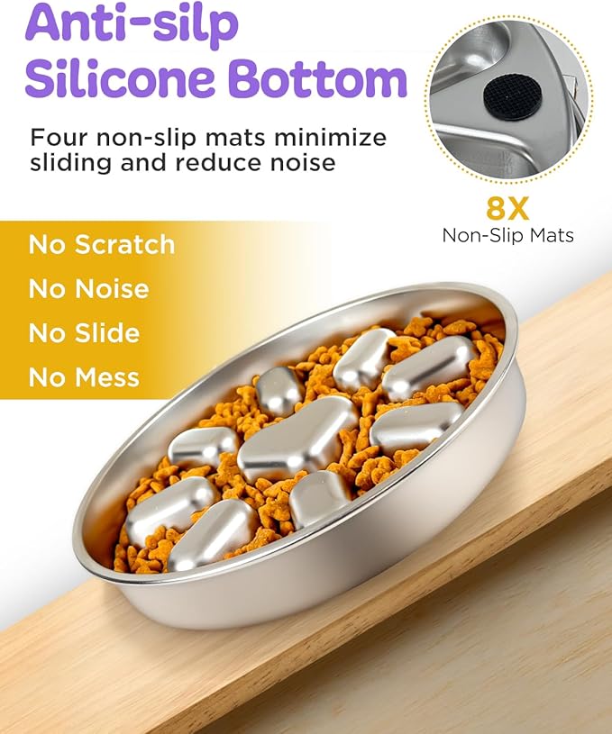 Slow Feeder Dog Bowls with Non-Slip Mat, Stainless Steel Metal Slow Feeder for Small & Medium Dogs, 2 Cups Pet Bowl for Slows Down Eating, Dishwasher Safe, Anti-Gulping Dog Bowl -2 Pack