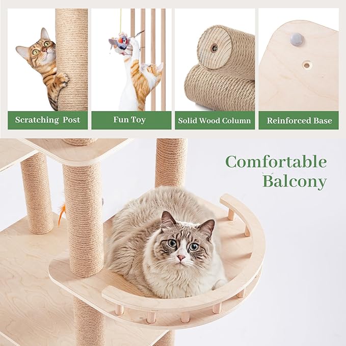 Choc chick Wood Cat Tree for Indoor Cats Large Adult, 68 Inches Tall Multi Level Cat Tower with Scratching Post Sisal-Covered, Modern Cat Tree Plush Cattery Chirping Bird Cat Toy