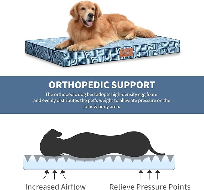 Outdoor Orthopedic Dog Bed for Extra Large Dogs, XL Waterproof Flat Pet Bed 44x32 Inch, Egg Crate Foam with Removable Washable Oxford Cooling Cover, White Blue