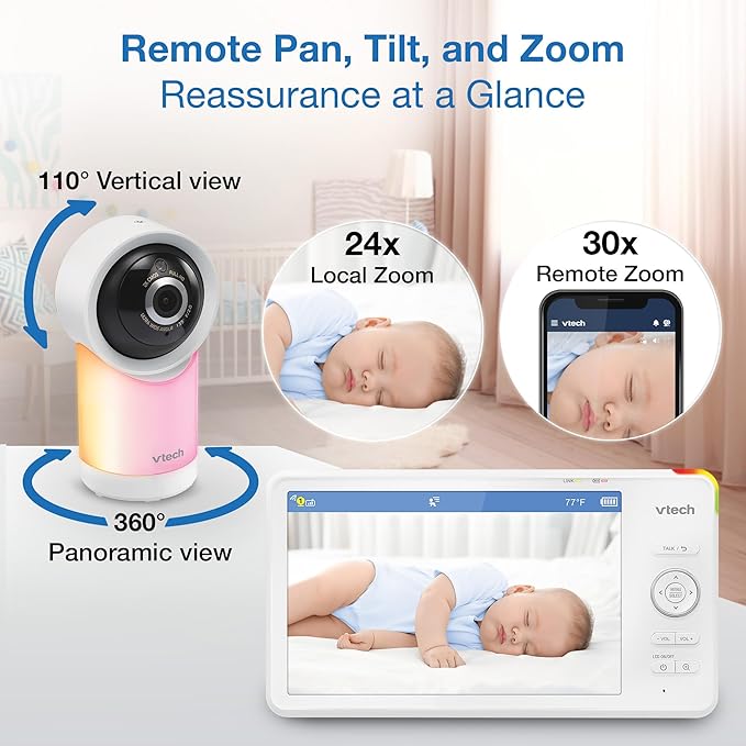 VTech Smart WiFi 7” HD Display Video Baby Monitor, 1080p HD Camera via App, Pan-Tilt-Zoom, Night Light, 2-Way Talk, 2K CMOS Video Sensor, Wide-Angle Viewing, Rechargeable Battery, Free App: RM7866HD