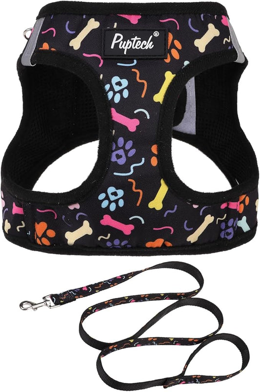 PUPTECK Dog Harness and Leash Set for Small Medium Dogs No Pull Step-in Soft Mesh Puppy Cat Vest Harnesses Reflective at Night, Black Paw, S