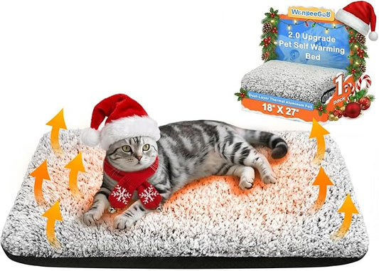 Self Warming Pet Bed for Cats & Dogs, Heated Pet Mat, 2.0 Upgraded Dual-Layer Thermal Foil Heating Pad, Plush Self-Heating Bed for Crate, Floor, with Removable Washable Cover, Non-Slip, Gray, 18"x27"