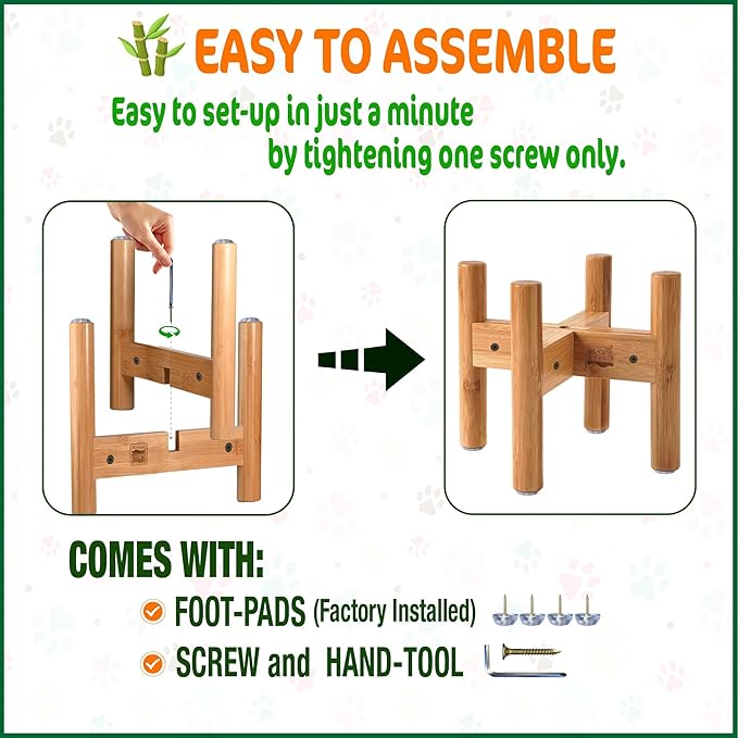 Dog Bowl Stand for Medium Breeds - Use to Raise, Elevate Dog Food/Water Feeders, Fountains and Bowls, Adaptable Size (See Size Guide) - Bamboo