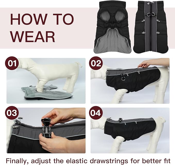 Dog Winter Jacket - Large, Warm Zip Up Snowsuit Dog Harness Vest, Reflective, Water-Resistant, Black