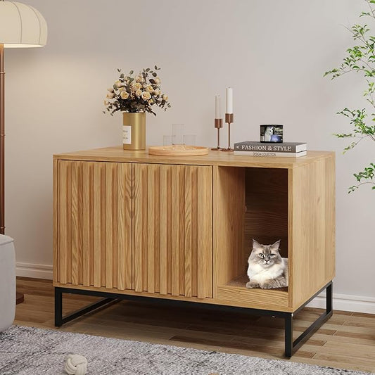 Litter Box Enclosure, Modern Cat Litter Box Enclosure Furniture Hidden Litter Box with Scratch Pad, Cat Washroom House End Table, Entryway Bench for Livingroom (Natural)