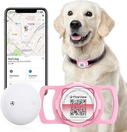 Smart Pet Tracker for Collar - Dog Trackers Location for Pet with Holder, No Monthly Fee, Real-Time Tracking, iOS Only, Emergency Contact, Long-Lasting, Anti-Lost Tracker for Cats, Bag Straps,Pink