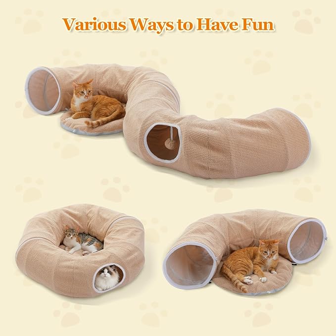 PEQULTI Cat Donut Tunnel with Bed for Indoor Cats, Cat Play Tunnel with Washable Soft Plush Mat, Round Tube Toys Cute Tube for Kittens, Puppies, Rabbits and Ferrets, Beige