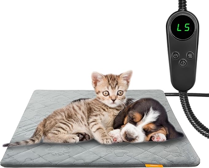 Pet Heating Pad for Cats Dogs Electric Heated Bed Waterproof Warming Mat Indoor Outdoor Chew Resistant Cord Adjustable 5 Timer and 6 Level Temperature for Pets Puppy Animals-17.7x17.7in