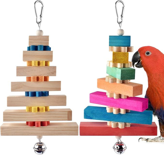 2 Pcs Bird Toys for Parrots, Colorful Natural Large Parrot Toy Hanging Chew Wood Block with Bell for Medium to Large Cockatiels, Conures, African Greys, Amazon