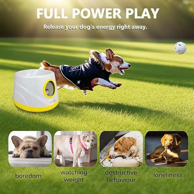 Automatic Ball Launcher for Dogs, Dog Ball Launcher with 6 ETPU 2.3” Balls, Adjustable Distance Thrower for Indoor & Outdoor Fetch Play, Interactive Pet Toy for Small & Medium Dogs