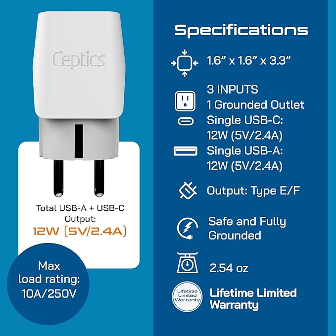 Ceptics European Travel Plug Adapter – Compact Type C & F Adapter with USB-C & A + USA Input – Safe Grounded Schuko Adapter – Travel Charger for France, Germany & More – CTU-9-9C-PK
