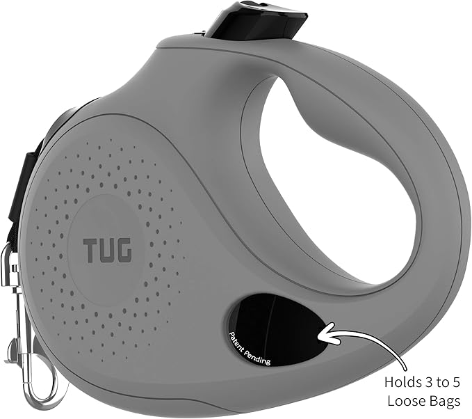 TUG Oval 360° Tangle-Free Retractable Dog Leash with Integrated Waste Bag Dispenser (Small, Grey)