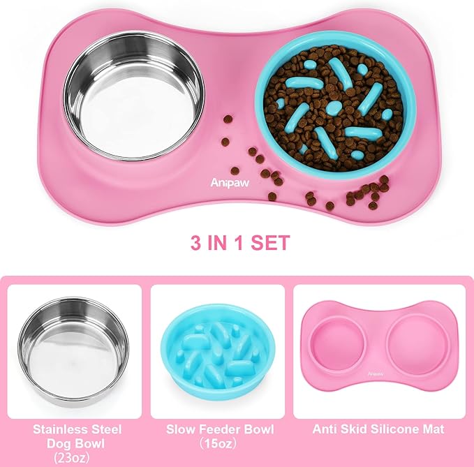 Slow Feeder Dog Bowls 3 in 1 Stainless Steel Dog Food and Water Bowls with Non-Spill Non-Skid Silicone Mat to Slow Down Eating for Large Medium Small Breed Size Dogs and Cats