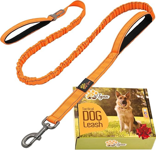 ADITYNA Tactical Bungee Dog Leash 6ft-7.5ft - Shock Absorbing Lead with 2 Padded Handles, Metal Clasp, Car Seatbelt - Heavy Duty No Pull for Medium, Large & XL Breeds