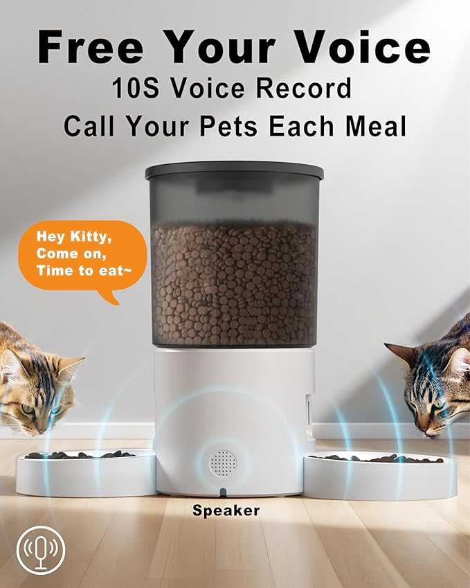 Automatic Dual Cats Feeder 2 Cats,Dual Power,Flexible Schedule Timer,6 Meals 12 Portions Per Day (Clear White, ABS Double Bowls)