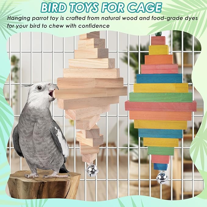 2 Pcs Large Bird Toys, Colorful Natural Wood Block Parrot Chew Sticks Toy with Bell for Amazon, African Greys, Eclectus Parrots, Macaws Chewing Tearing