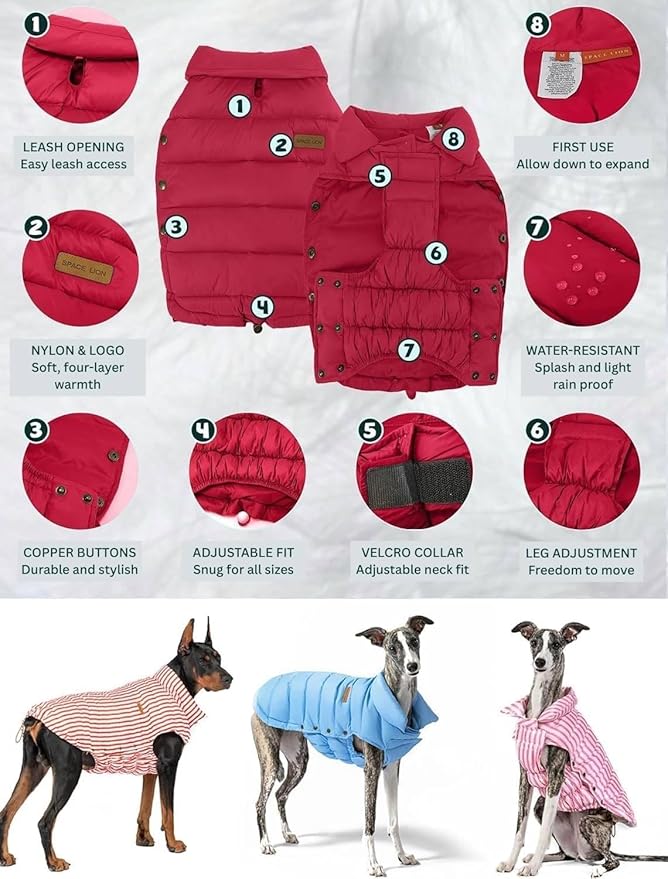 SPACE LION Dog Puffer Jacket, Down Winter Coat, Durable Outdoor Coat for Cold and Windy Conditions, Lightweight & Adjustable Fit Coats for Medium & Large Dogs, (Chili, Size 16 Gift Box)