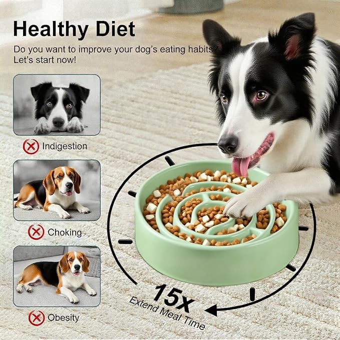 Ceramic Slow Feeder Dog Bowls with Anti-Slip, Slow Feeder & Non-Slip Design, Boredom and Anxiety Reducer, Suitable for All Breed Dogs and Cat (Ceramic-Green)