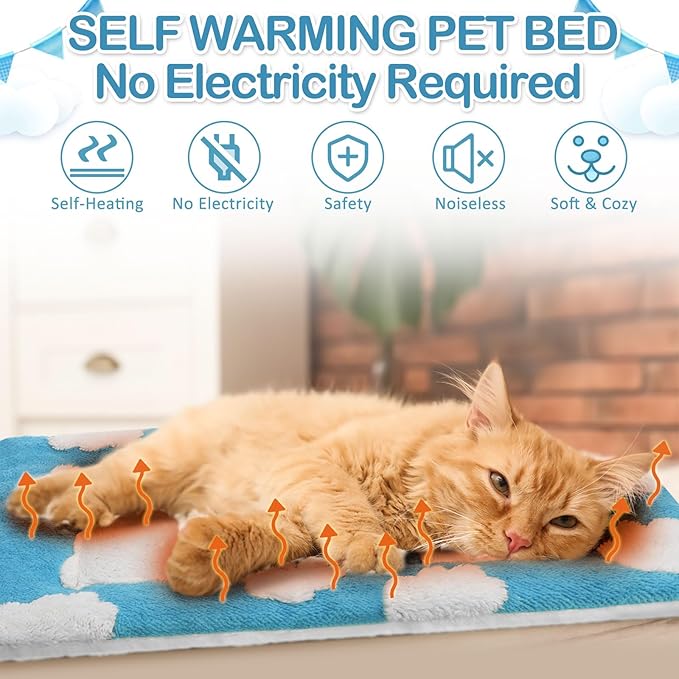 VitalCozy 2 Pack Self Warming Cat Mat Self Heating Pad Bed Reversible Machine Washable Reflects Body Heat Warm Thermal Pet Pad Crate Blanket for Feral and Indoor Cat (Blue, White,21" X 14",Clouds)