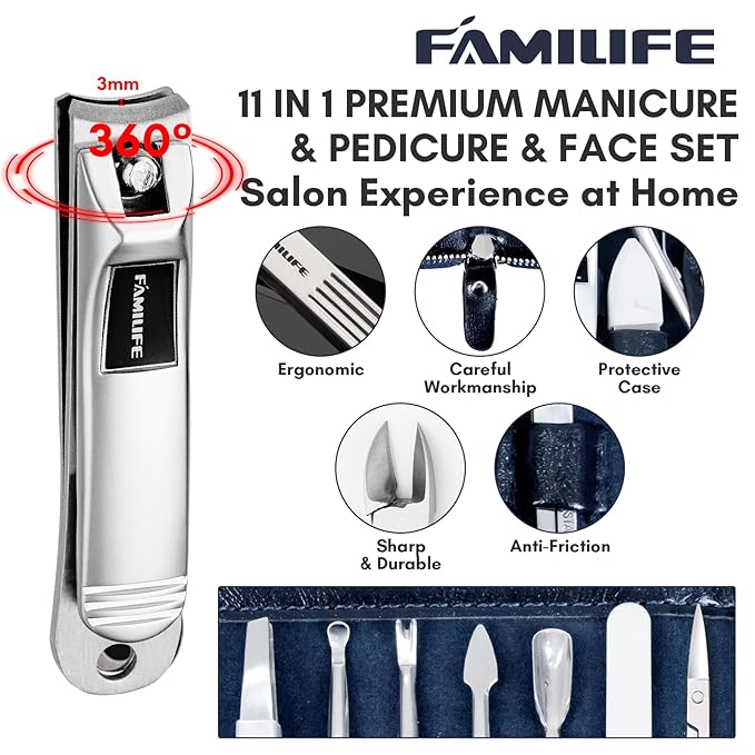Manicure Kit, FAMILIFE Professional Manicure Set Nail Kit, 11 in 1 Stainless Steel Nail Clippers Set for Men Pedicure Tool, Men Grooming Tool with Portable Blue Leather Travel Case Luxury Gifts