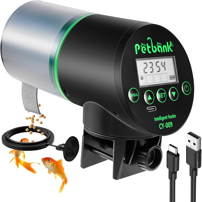 Automatic Fish Feeder for Aquarium - Rechargeable Fish Food Auto Dispenser Vacation Turtle Feeder with USB Charger Cable，LCD Screen, Customized Schedule，Black