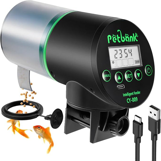 Automatic Fish Feeder for Aquarium - Rechargeable Fish Food Auto Dispenser Vacation Turtle Feeder with USB Charger Cable，LCD Screen, Customized Schedule，Black