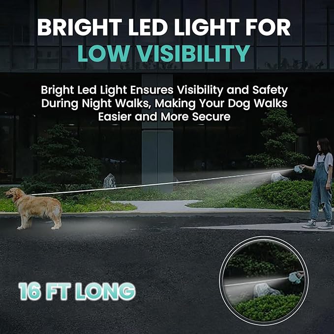 Retractable Dog Fancy Leash with Flashlight and Dispenser, 16 ft Dog Retractable Leash is Perfect for Safe and Comfortable Walking with Your Pet - Suitable for Dogs - Green
