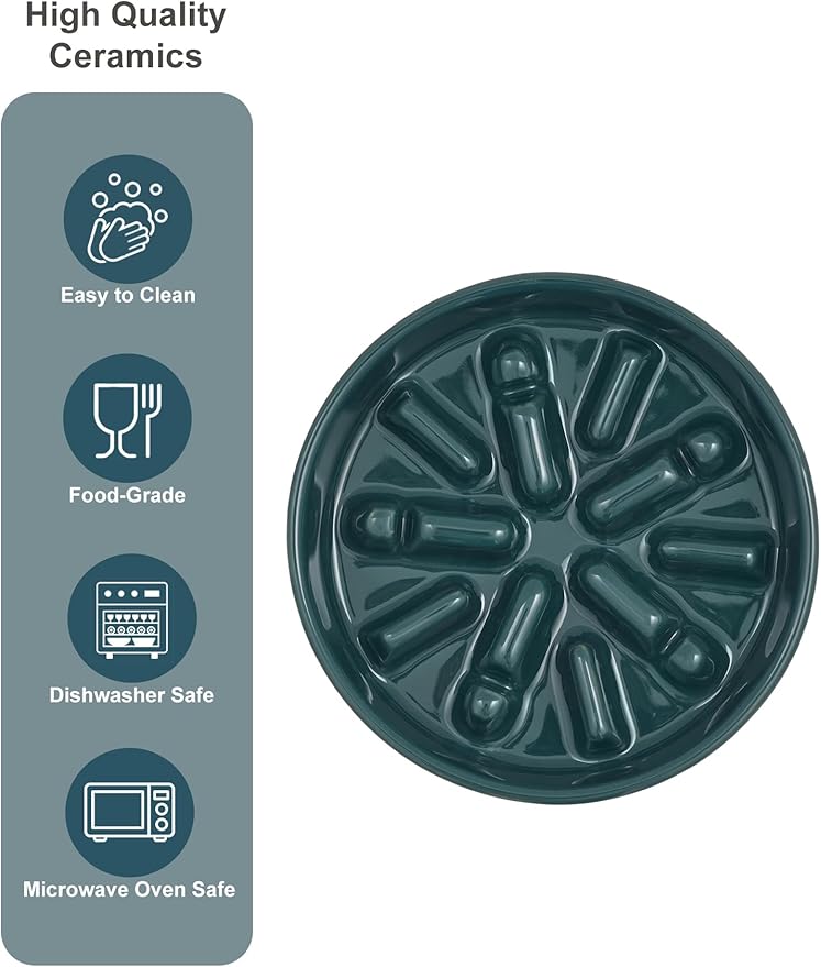 Ceramic Maze Dog Slow Feeder with Non-Slip Silicone Rim (& Bamboo Stand) – Heavy-Duty Stoneware Bowl with Puzzle Pattern for Bloating & Obesity Prevention (Raised-Blue-M)