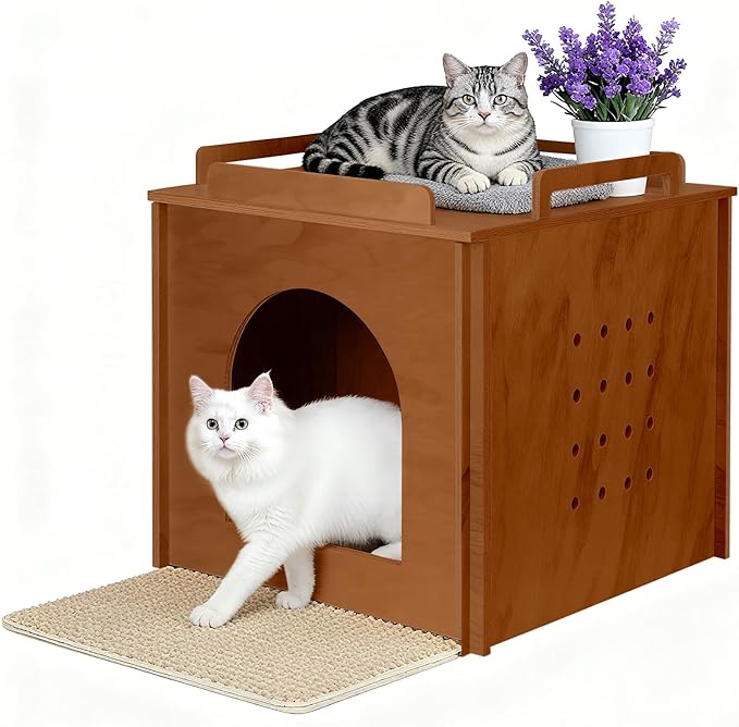 Wooden Cat Litter Box Enclosure, Hidden Litter Box Furniture with Litter Mat, Multi-Functional Cat House, for Living Room Bedroom Indoor, 23.2 x 17.7 x 19.3 inches, Walnut