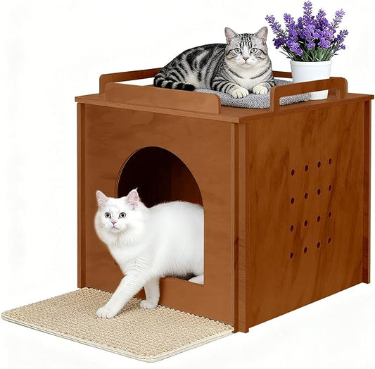 Wooden Cat Litter Box Enclosure, Hidden Litter Box Furniture with Litter Mat, Multi-Functional Cat House, for Living Room Bedroom Indoor, 23.2 x 17.7 x 19.3 inches, Walnut