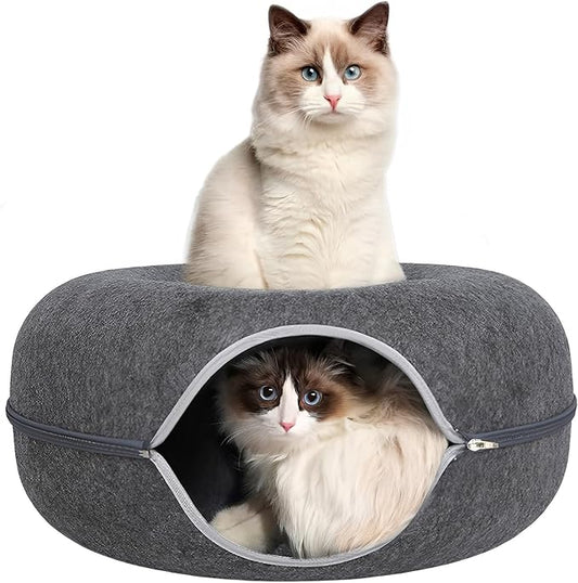 24inch-Tunnel Bed for Indoor,cattasaurus Peekaboo cat cave for Multiple,Detachable Felt Felt Washable Interior for Indoor Cats,Donut Tunnel (Dark Grey)