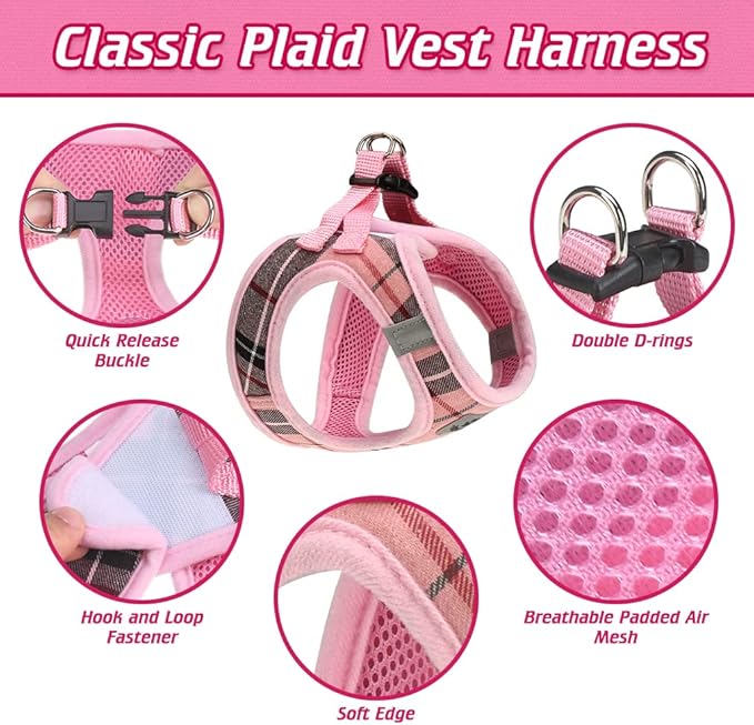 EXPAWLORER Classic Plaid Puppy Harness - Small Dog Harness and Leash Set - Dog Collar and Leash Set with AirTag Holder, Soft Padded Step in Dog Vest Harness No Pull Reflective for Outdoor, Pink S