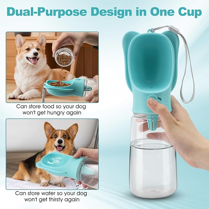 Portable Dogs Water Bottle with Food Storage Container, Leakproof Drinking Water Dispenser Feeder for Outdoor Dog Stuff Accessories Items for Cats, Puppy,for Walking, Hiking (Blue, 550ml)