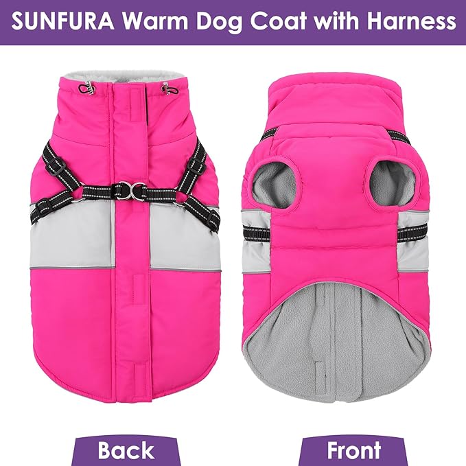SUNFURA Dog Coat, XXXL Dog Jacket Winter with Harness Built in, Waterproof Pet Snow Jacket with Furry Collar for Chilly Day, Reflective Fleece Snowsuit for Extra Large Dogs, Hot Pink 3XL