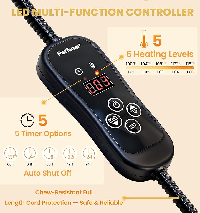 Pet Heating Pad for Cats Dogs, Heated Cat Dog Bed with 5 Temperature Levels, Timer, Auto Shut-Off, Thick Paw-Print Cover, Chew Resistant Cord for Indoor & Sheltered Outdoor Use (S: 16" x 13" x 1.3")